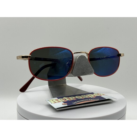 Vintage Eyeglasses NOS Small Red Rectangle Metal Blue Mirror POLARIZED Lens 00s - Picture 2 of 10